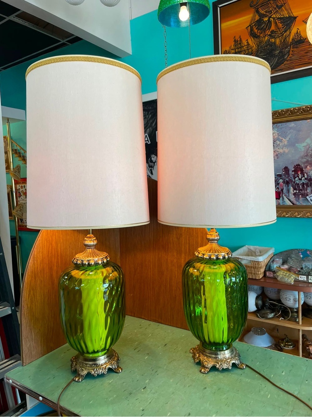 Set 2 vintage regency lamps green glass with shades tri light